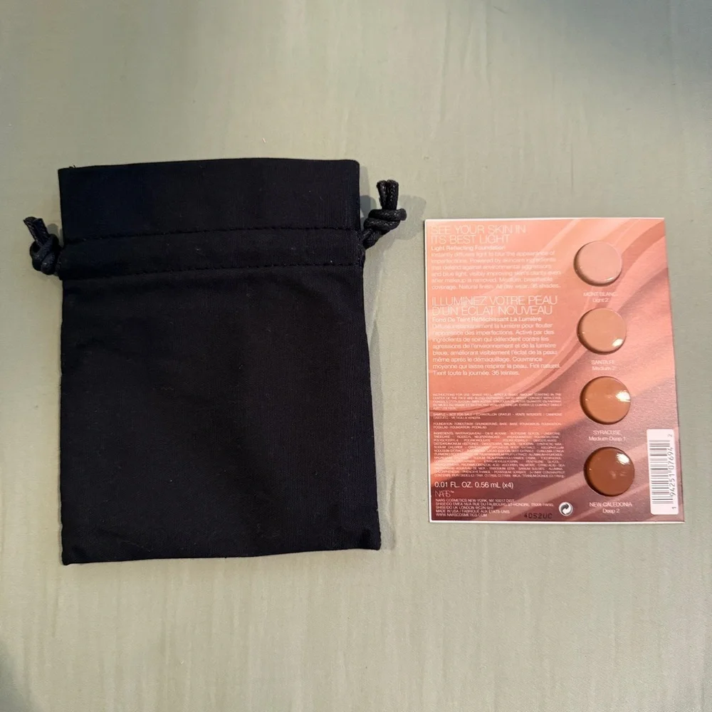 NARS Lipstick, Orgasm Blush, Mascara, Foundation Sample Set w Black Canvas Bag